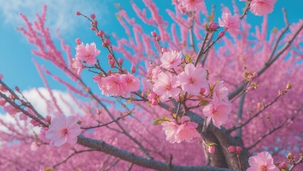 Begonia flowers and flower buds blossom in spring outdoors, Malus spectabilis