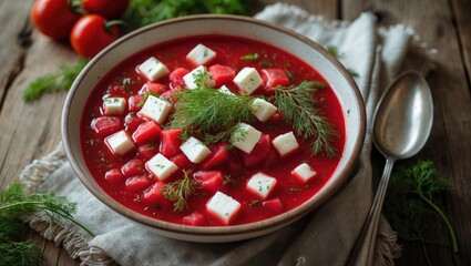 Beetroot soup topped with feta cheese, fresh dill, and thyme â€“ top view