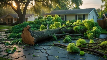 A neighbor's tree is blown down by Tropical Storm Isaias, falling onto a house and over the driveway, also bringing down the power lines.