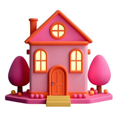 Cute Pink House with Trees and Transparent Background