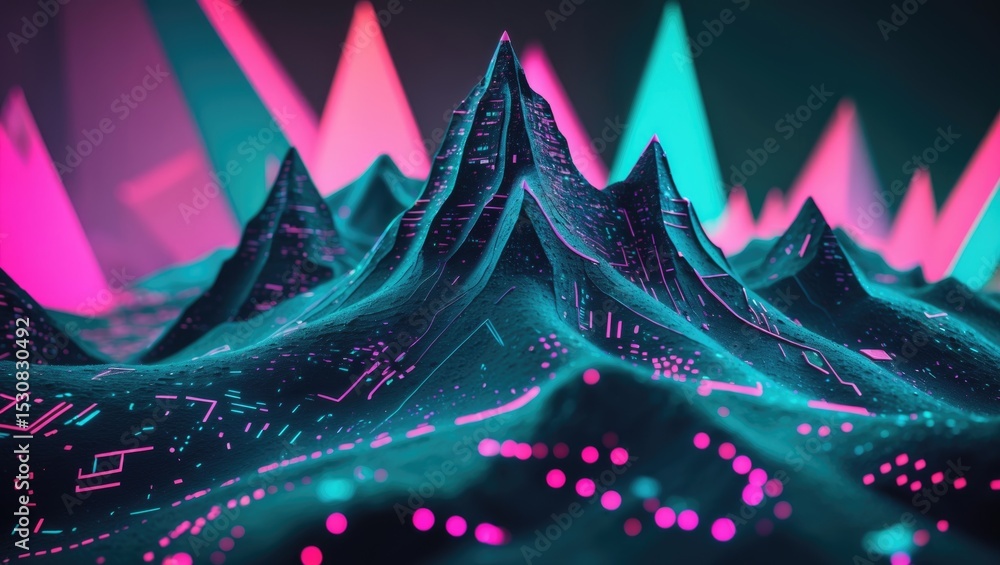 Poster a mountainous environment in cyberspace set against a backdrop of geometric abstraction, featuring a