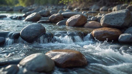 A natural stream with transparent water flowing across large and small moss-covered rocks.