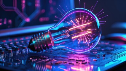 A multiexposure creative lightbulb set against a modern computer background in a concept representing future technology.