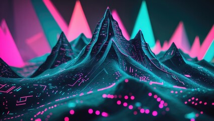 A mountainous environment in cyberspace set against a backdrop of geometric abstraction, featuring a mesh surface impregnated with neon light.