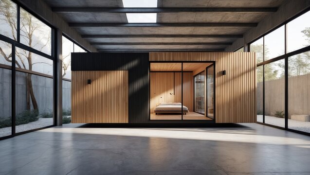 A new wooden modular prefabricated house assembled inside a manufacturing facility.