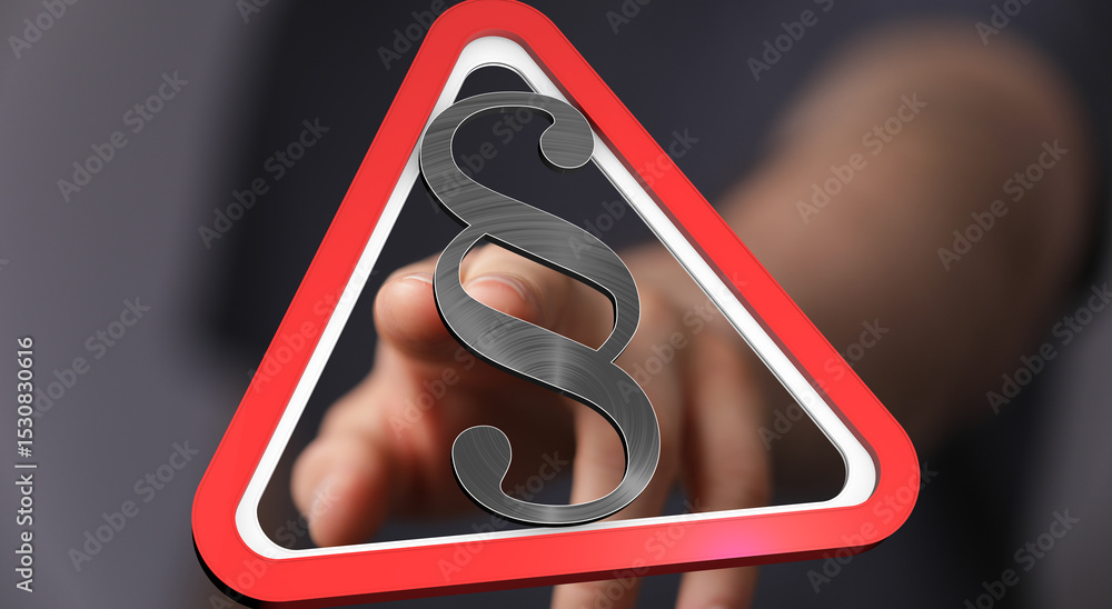 Poster stock photo of a hand pointing to a paragraph symbol inside a red warning triangle. perfect for lega
