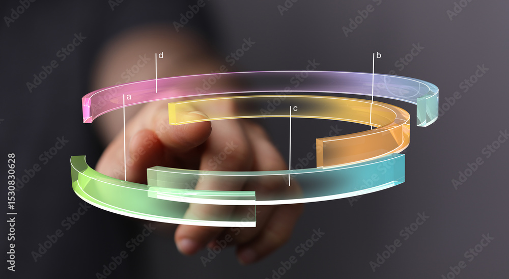 Poster modern data visualization, circular chart, hand interacting with 3d infographic. perfect for technol