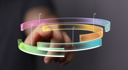 Modern data visualization, circular chart, hand interacting with 3D infographic.  Perfect for technology, business, and finance.