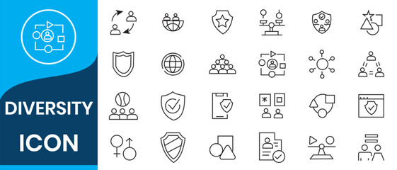 Diversity icon set. Diversity line icon vector symbol collection. Containing equality, human rights, ethnicity icons, difference, belonging, languages, tolerance icon. Linear icon vector illustration.