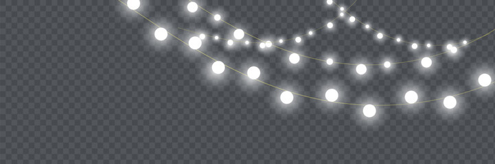 Christmas lights isolated realistic design elements. Glowing lights for Xmas Holiday cards, banners, posters, web design.