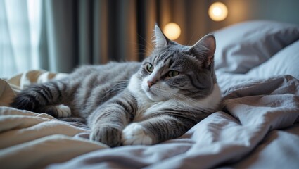 Cozy cat relaxing inside, savoring a peaceful moment in a comfortable environment.