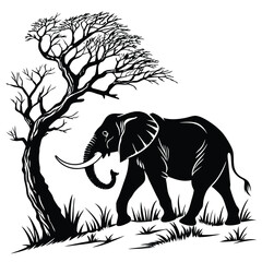 A monochrome elephant walks near a bare tree over grassy plains in silhouette