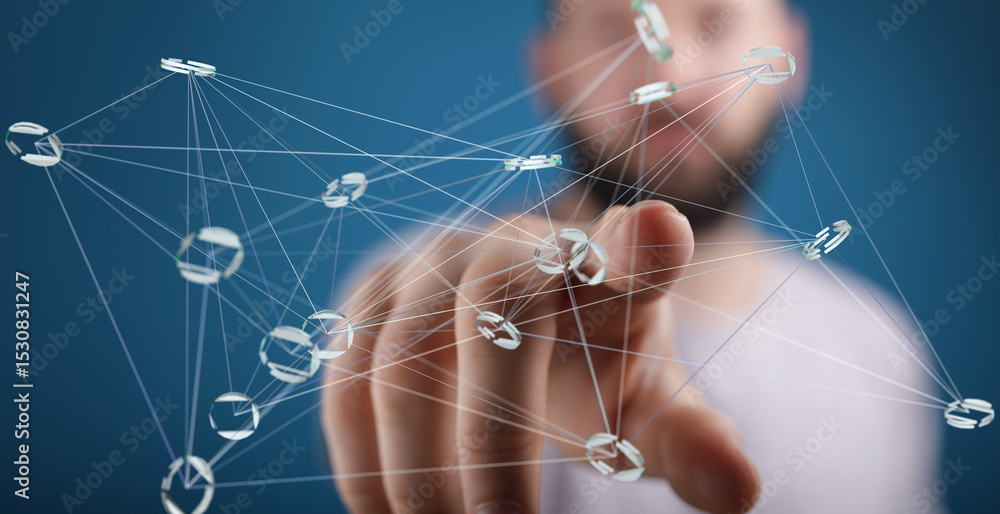 Aufkleber Abstract image of a man's hand interacting with a digital network connection hologram.