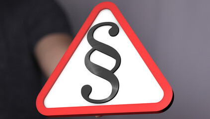 A hand holds a red triangle warning sign with a black paragraph symbol.  Perfect for legal, law, or...