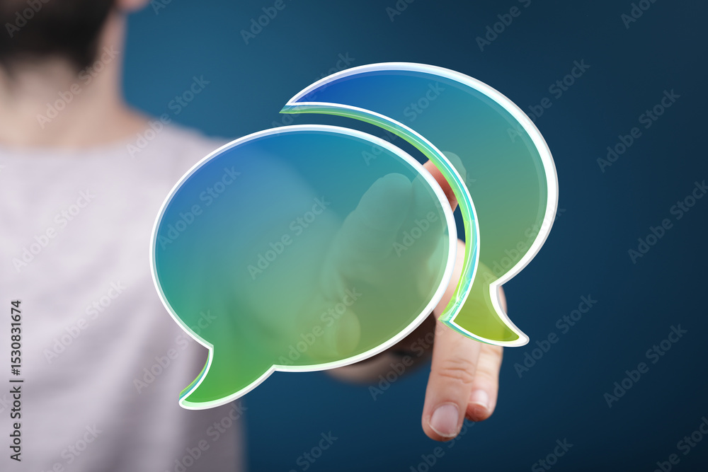 Poster Abstract image of a person interacting with digital speech bubbles, representing communication.