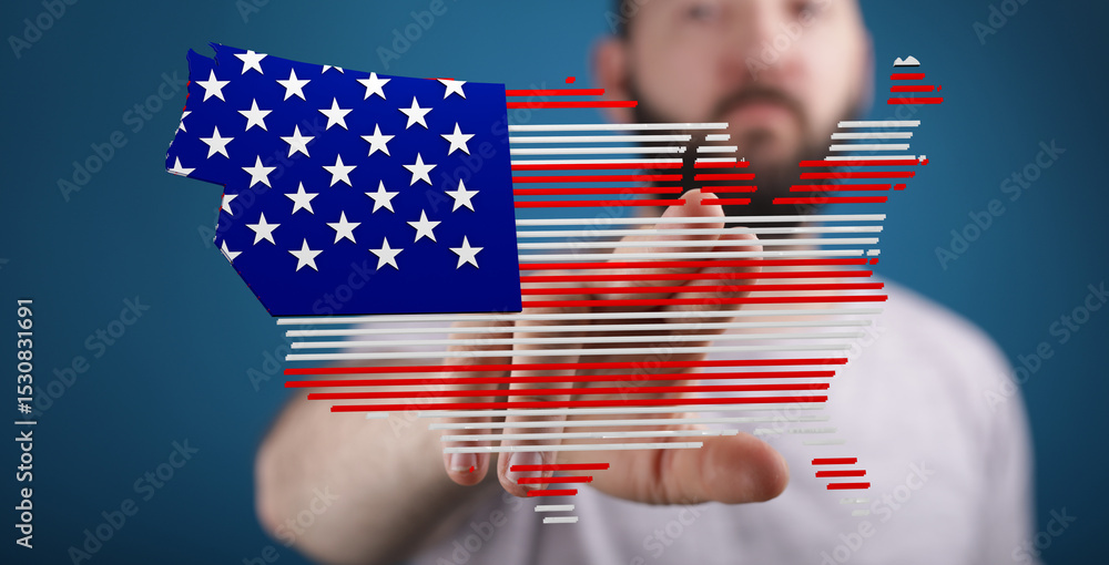 Poster Abstract image of a hand interacting with a digital US map designed with American flag colors.