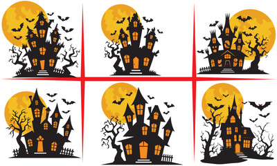 Haunted House with Full Moon and Bats Vector Illustration,Haunted house. Silhouette of a castle against the background of an orange moon. Illustration for halloween.