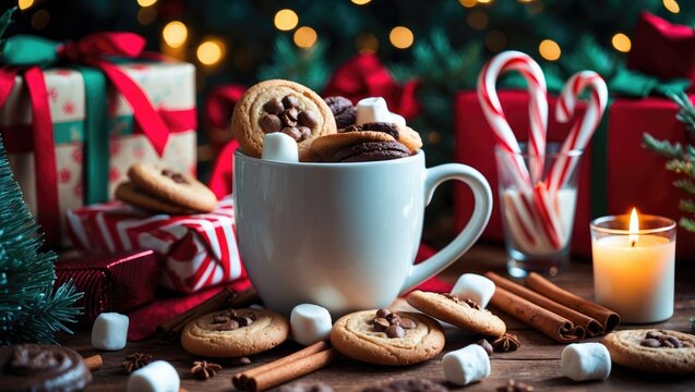 Cozy holiday setup highlights a mug of hot beverage accompanied by cookies, cinnamon sticks, candy canes, candles, and festive decor.