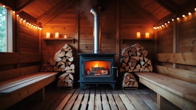 Cozy sauna featuring stove, benches, and steam rocks offers a rustic retreat for relaxation and wellness in a warm atmosphere.