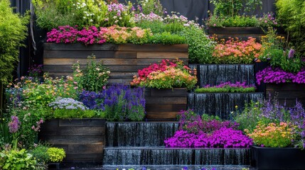 Fototapeta premium Multi-tiered garden with cascading waterfalls and vibrant flowers