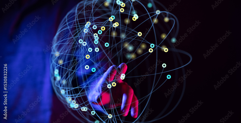 Poster hand interacting with a digital network. technology, connection, global network concept.