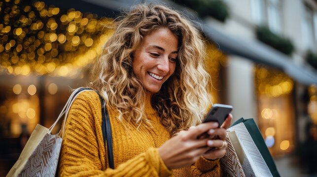 Female shopper smiling while using mobile phone for online purchase. - Powered by Adobe