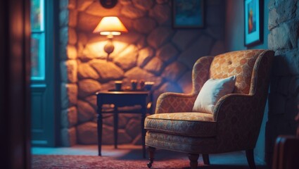 Fototapeta premium A snug living room corner featuring a vintage armchair, a small table, and a wall lamp. The armchair, upholstered in patterned fabric, is complemented by a cozy pillow.