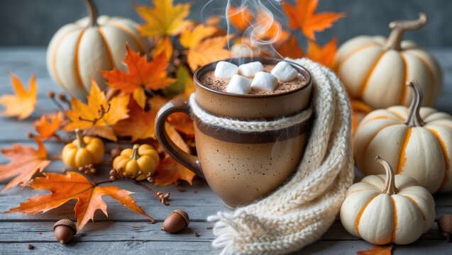 Warm fall scene featuring hot cocoa with marshmallows in a ceramic mug, wrapped in a knitted scarf, amidst leaves and pumpkins on a gray table.