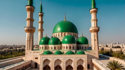 A beautiful mosque with one big green dome and four tall minarets.