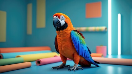 Vibrant three-month-old male Blue and Yellow Macaw Parrot standing on one leg, showcasing bright feathers amid colorful backgrounds, radiating cheerful emotions in a playful indoor setting.