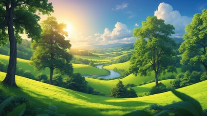 A beautiful summer landscape depicted in illustration.