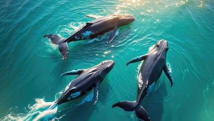 Two adult Humpback whales and a calf swimming together in the ocean.