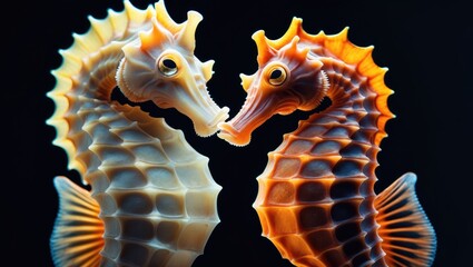 Pair of vibrant seahorses engaging in a tender moment, showcasing intricate details of their scales and unique colors against a dark background, evoking a sense of underwater romance.
