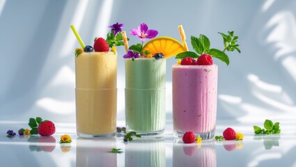 Cold Fruit Smoothies, Shakes, or Cocktails with Garnish, isolated on a white backdrop
