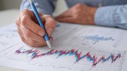Financial expert reviewing income statement and balance sheet with market chart overlay.