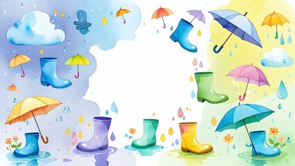Adorable pastel watercolor art of rainy days — featuring charming kid-like scenes with boots, puddles, and umbrellas in soft shades. Ideal for minimal postcard designs, wall art, and cute seasonal col