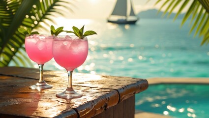 Two cocktails by a resort swimming pool with a beach in the background.