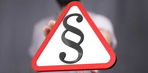 Hand holding a red triangle warning sign with a paragraph symbol.  Perfect for legal, law, and...