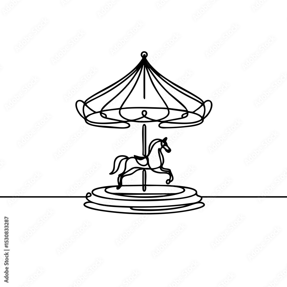 Poster one-line drawing of a carousel with a horse in minimalist style