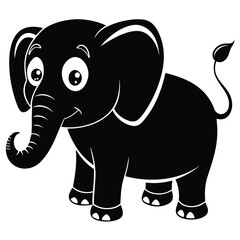 Black adorable cartoon elephant with a curled trunk smiles brightly in a simple, appealing manner
