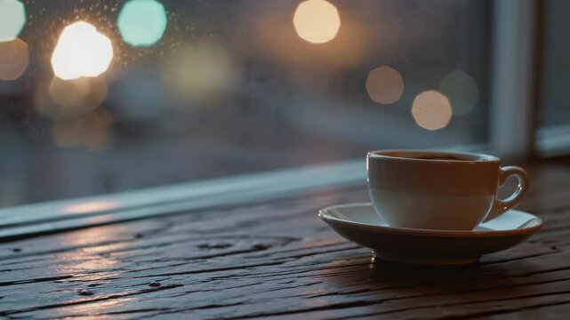Cozy cup: timelapse of coffee by rainy window with city lights