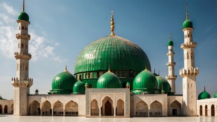 A beautiful mosque with one big green dome and four tall minarets.