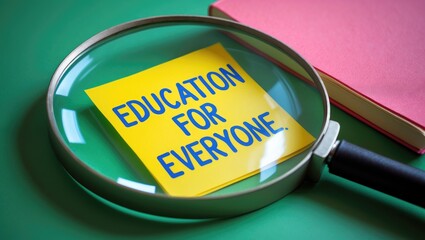 A magnifying glass highlights the phrase Education for Everyone on a vibrant notepad, underscoring the importance of accessible learning.