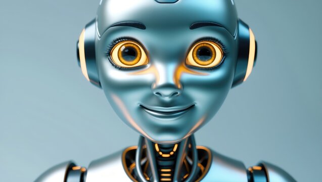 A male robot with smiling face. White background for your design. Artificial good mood head of cybernetic creature. Closeup portrait - Powered by Adobe