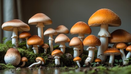 A collection of newly picked wild mushrooms, including porcini (boletus) and parasol mushrooms, elegantly showcased in warm lighting