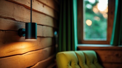 A contemporary black wall lamp brightens a comfortable corner in a cabin during daylight hours.