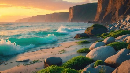 A stunning view of a beautiful sunrise over the sparkling sea at Kourion Beach, Cyprus.