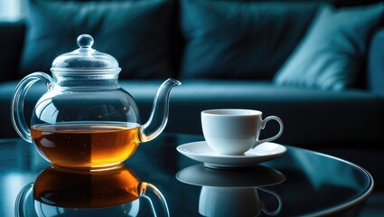 A minimalist arrangement displaying a glass teapot filled with hot tea and a white ceramic cup on a reflective surface, producing a warm and soothing atmosphere.