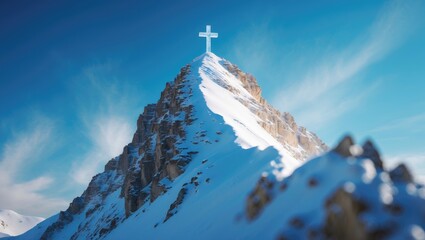 A grand snow-capped mountain peak with a small cross at the summit, positioned against a cloudless blue sky.