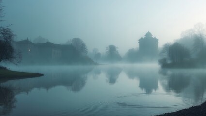 A foggy morning scene of a river with subtle reflections of structures, bordered by dense greenery.